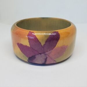 Vintage Asim Wood Purple Flower Wide Bangle Bracelet